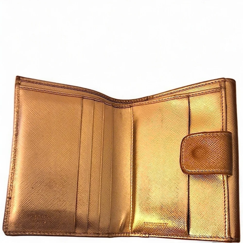 Prada Saffiano Leather Compact Wallet in Metallic Oro Gold with COA